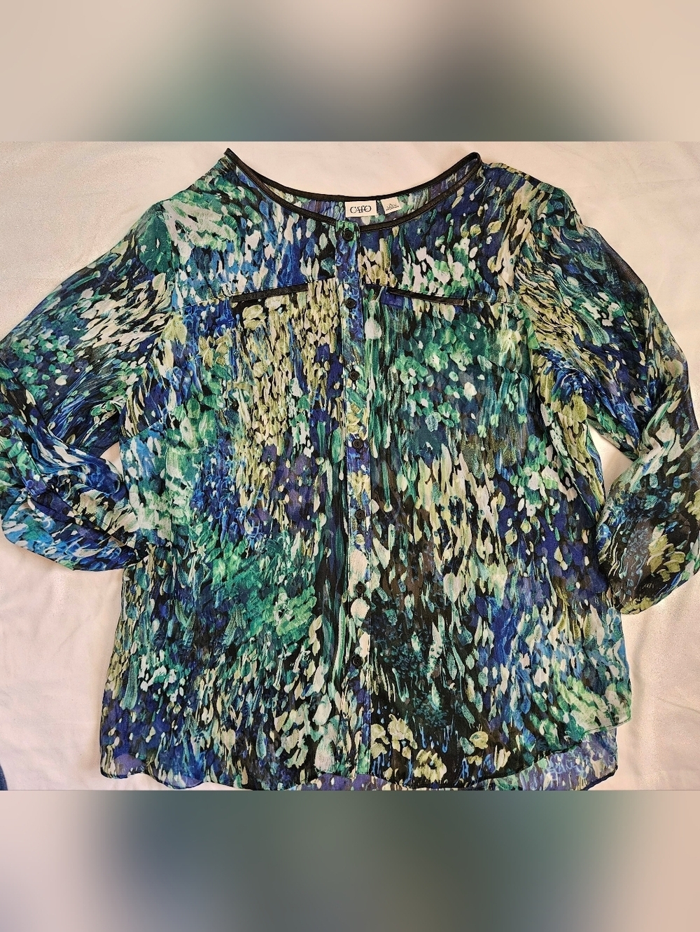 Cato Womens Blue And Green Sheer Floral 3/4 Sleeve Button Up Blouse Size XL